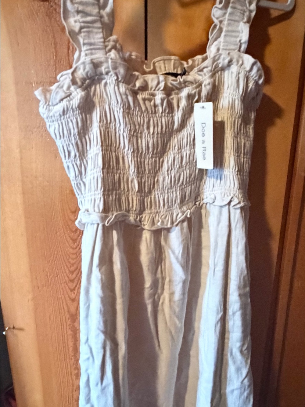 Doe & Rae Cream Smocked Ruffle-Strap Dress